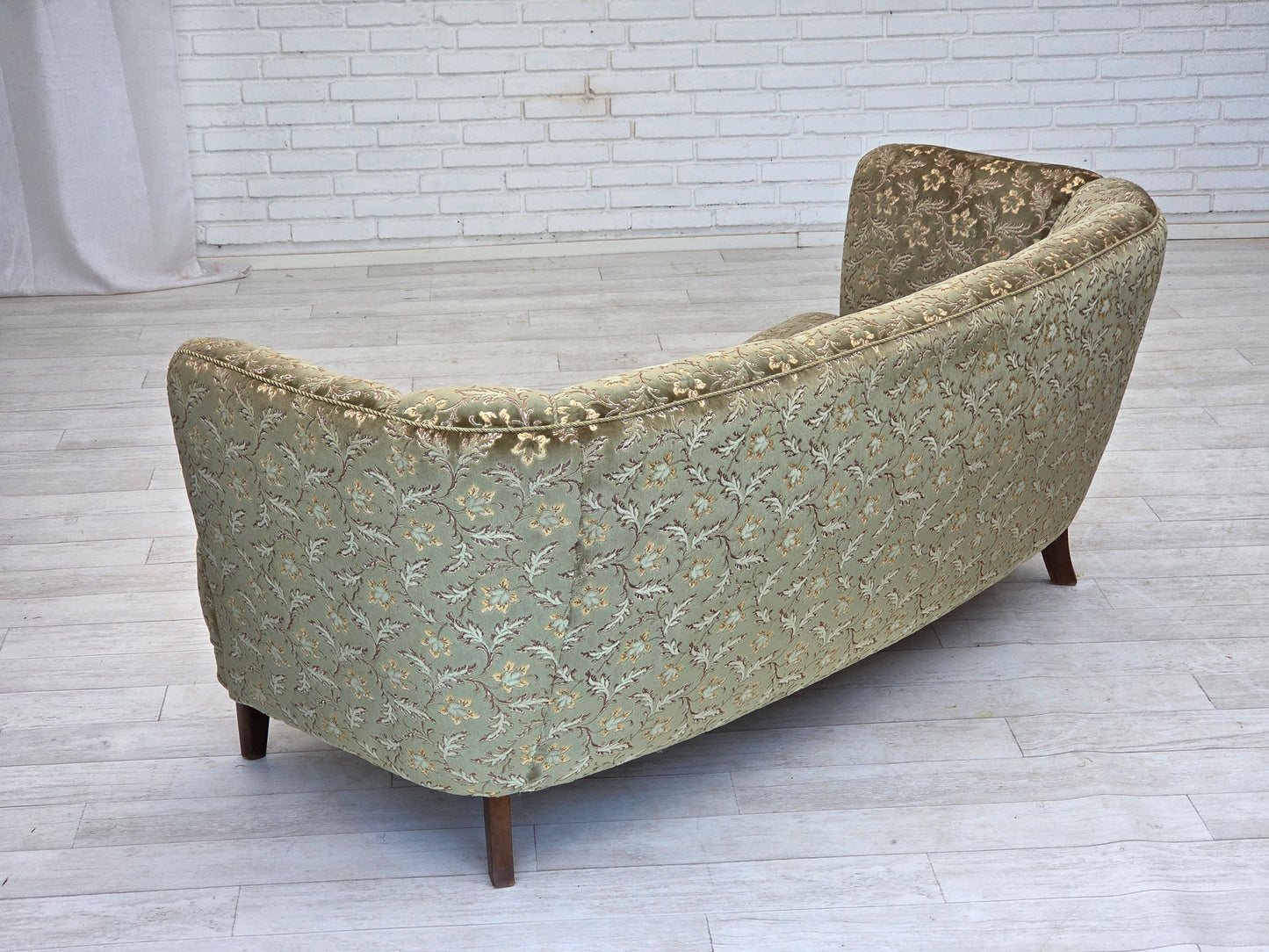 1960s, Danish 3-seater curved sofa, green furniture velour, beech wood legs.