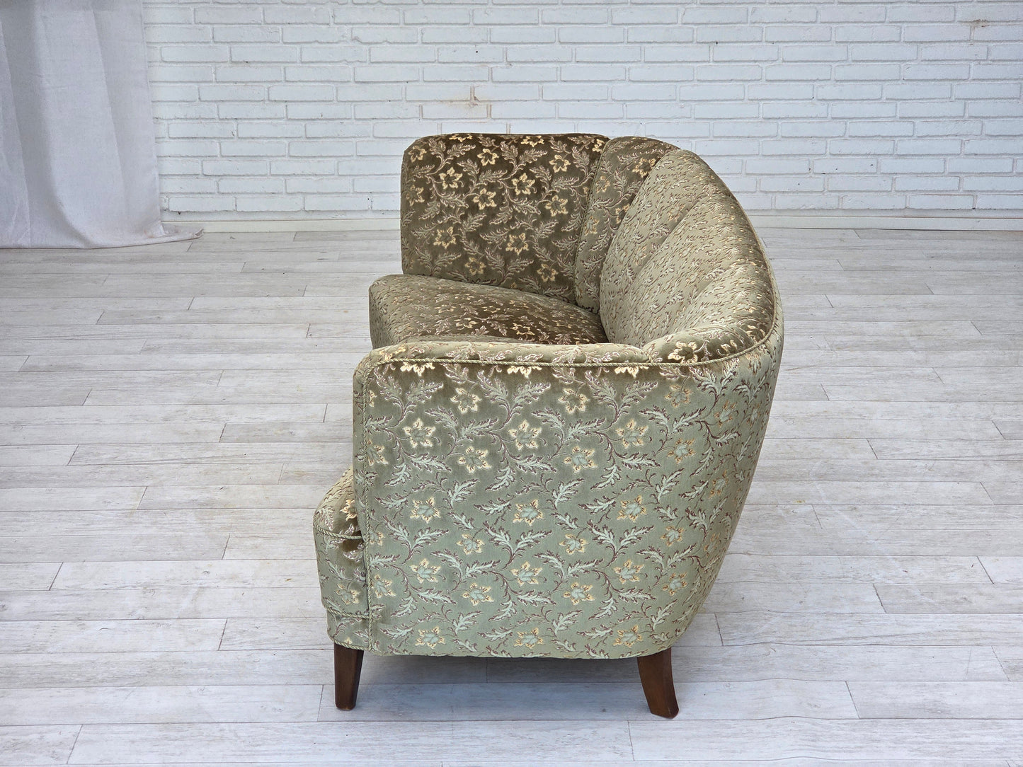 1960s, Danish 3-seater curved sofa, green furniture velour, beech wood legs.