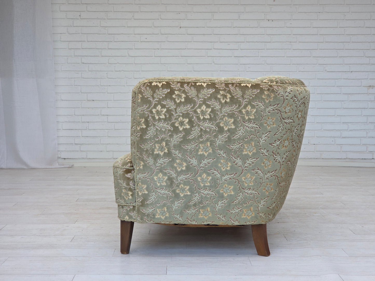 1960s, Danish 3-seater curved sofa, green furniture velour, beech wood legs.