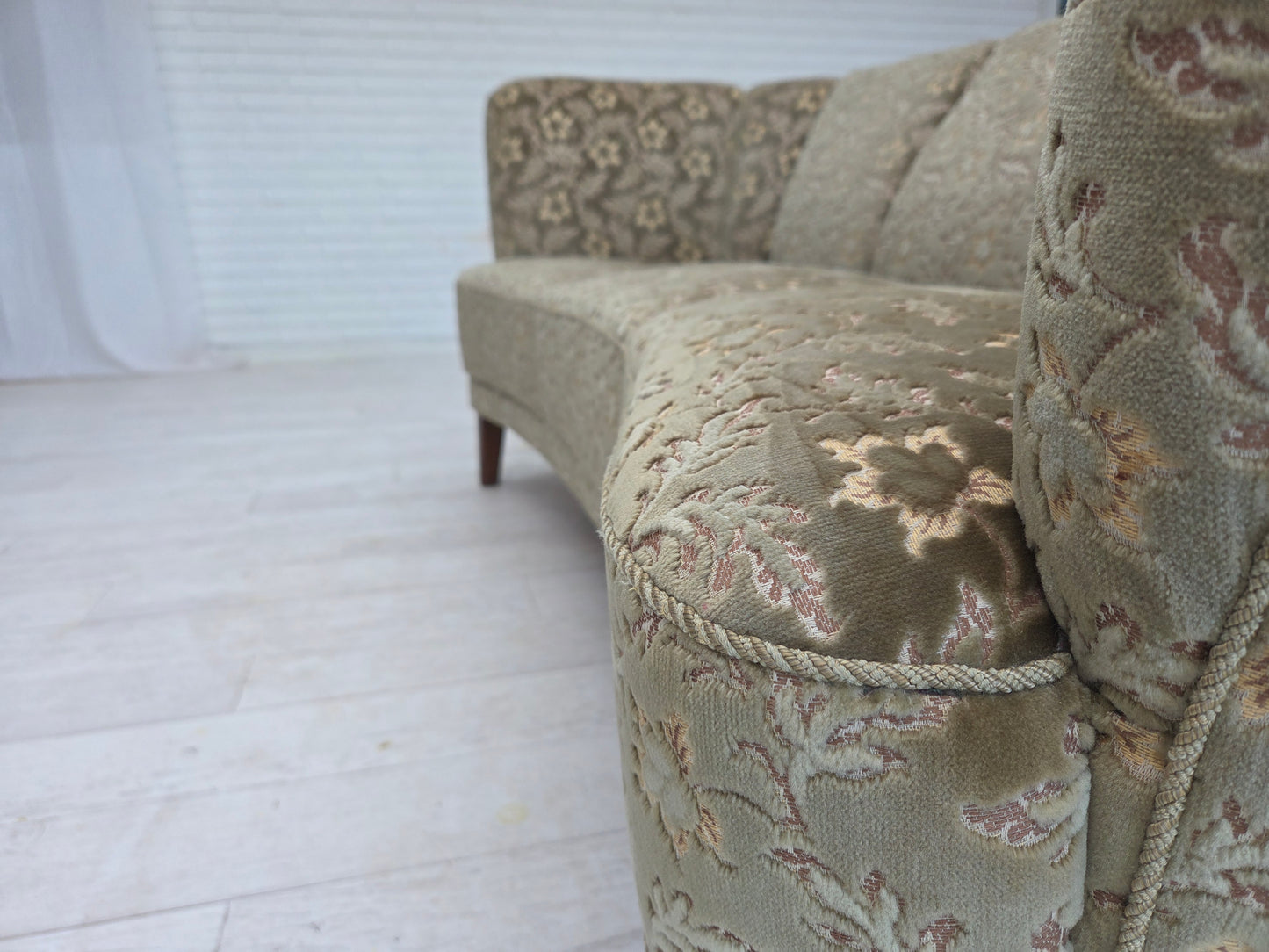 1960s, Danish 3-seater curved sofa, green furniture velour, beech wood legs.