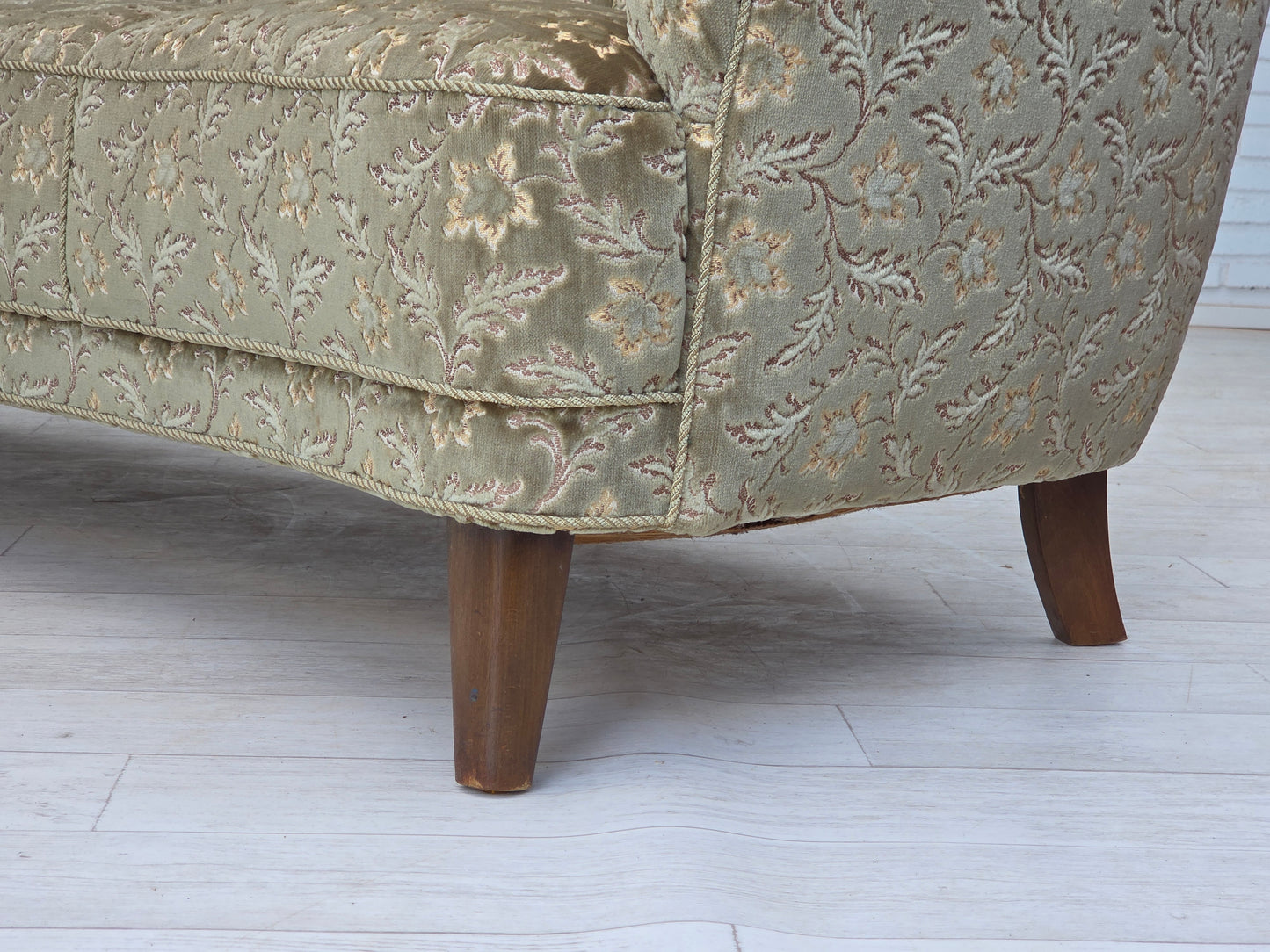 1960s, Danish 3-seater curved sofa, green furniture velour, beech wood legs.