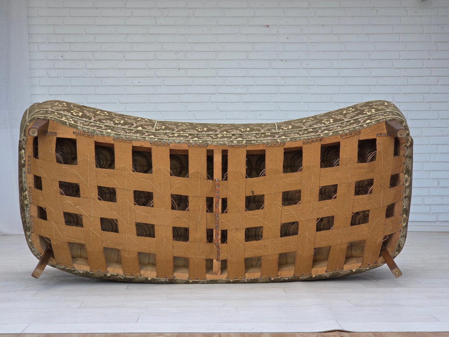 1960s, Danish 3-seater curved sofa, green furniture velour, beech wood legs.