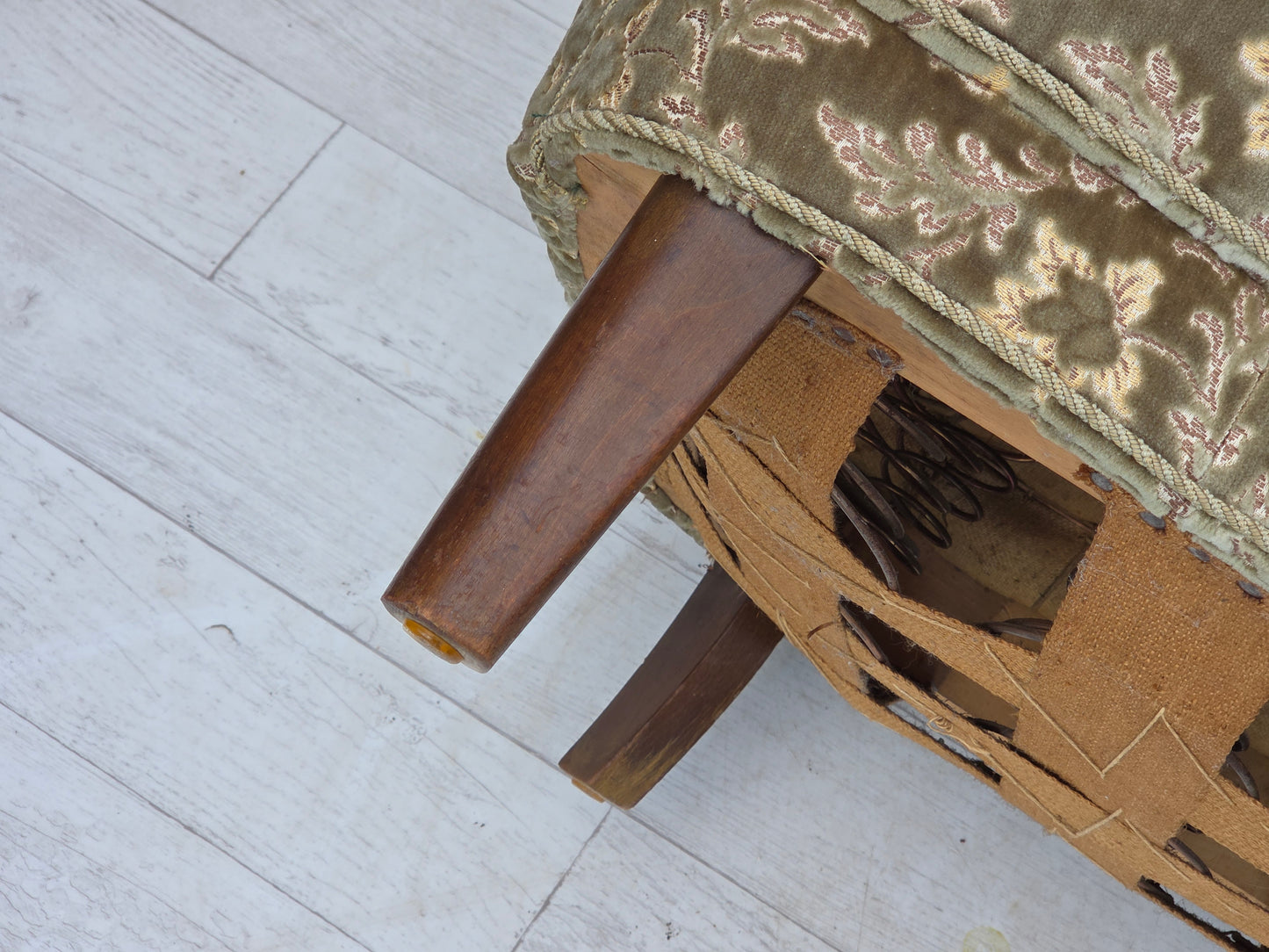 1960s, Danish 3-seater curved sofa, green furniture velour, beech wood legs.