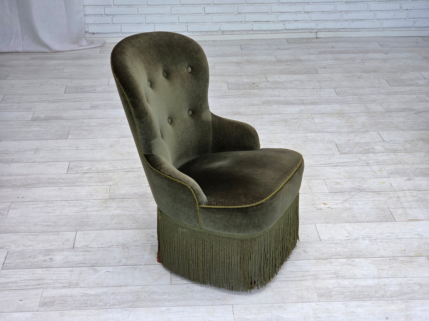 1970s, Danish side chair, green furniture velour, beech wood legs.