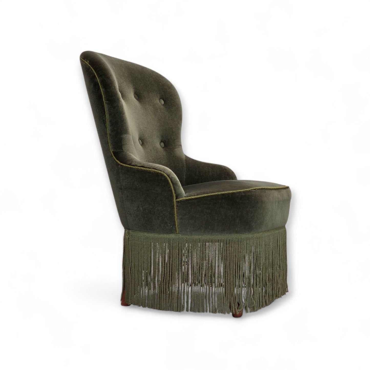 1970s, Danish side chair, green furniture velour, beech wood legs.