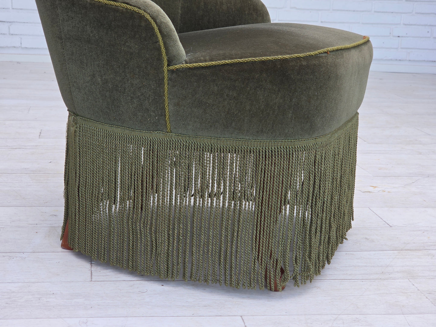 1970s, Danish side chair, green furniture velour, beech wood legs.