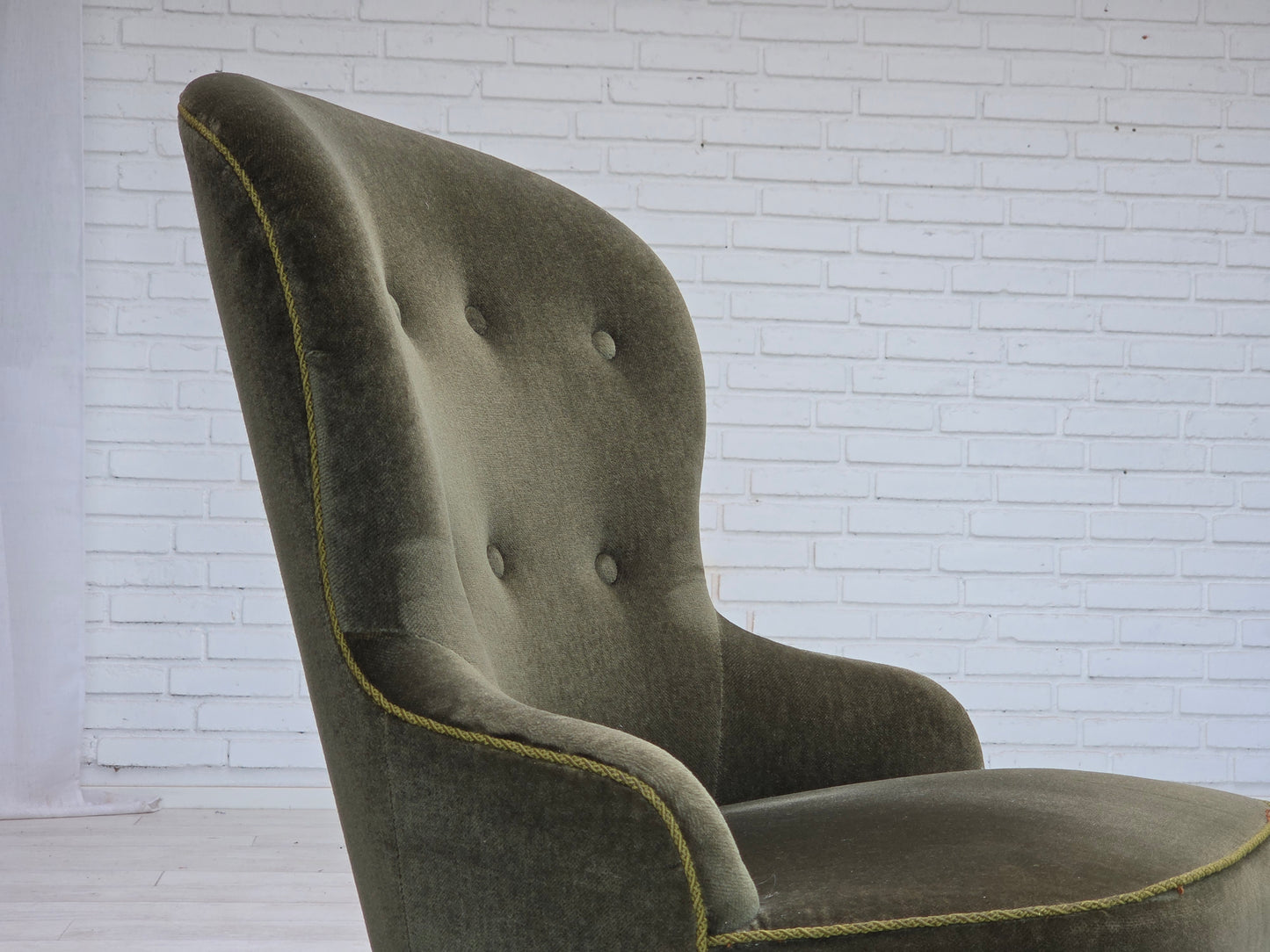 1970s, Danish side chair, green furniture velour, beech wood legs.