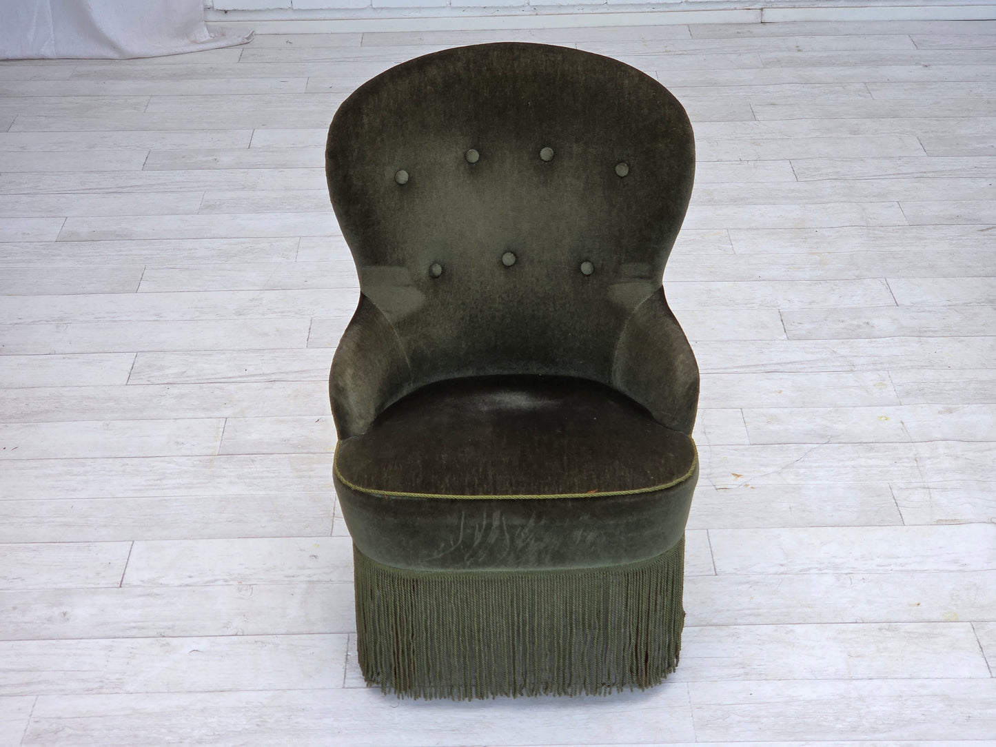 1970s, Danish side chair, green furniture velour, beech wood legs.