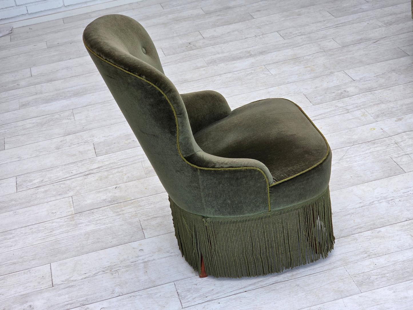 1970s, Danish side chair, green furniture velour, beech wood legs.