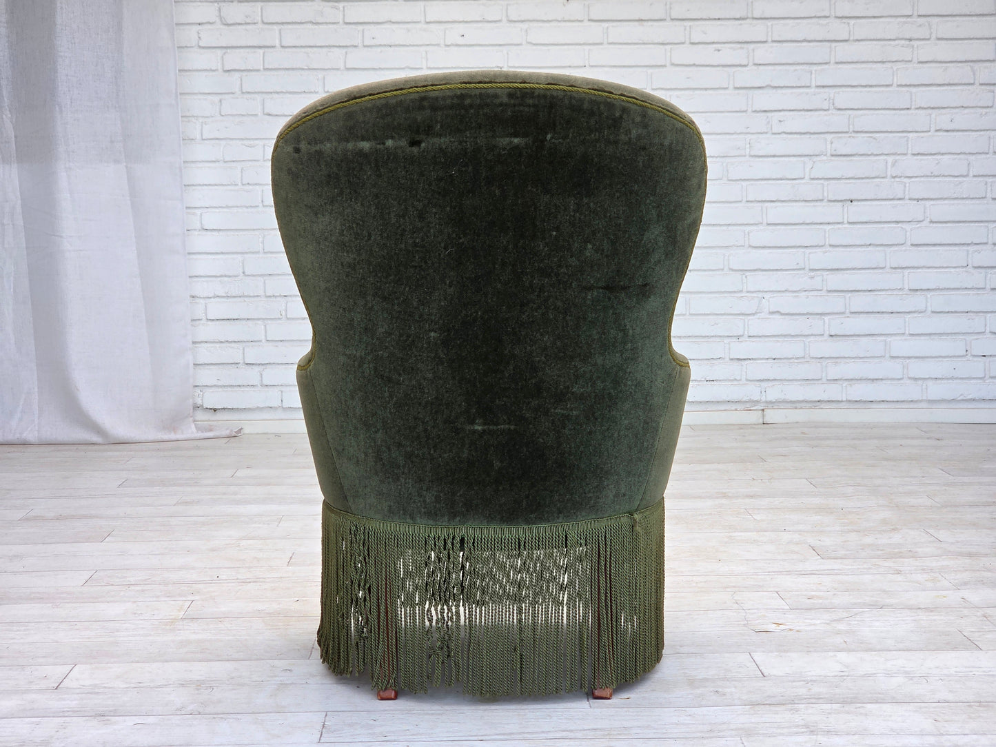 1970s, Danish side chair, green furniture velour, beech wood legs.