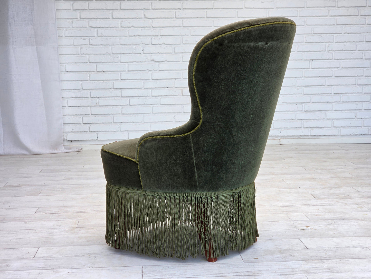 1970s, Danish side chair, green furniture velour, beech wood legs.