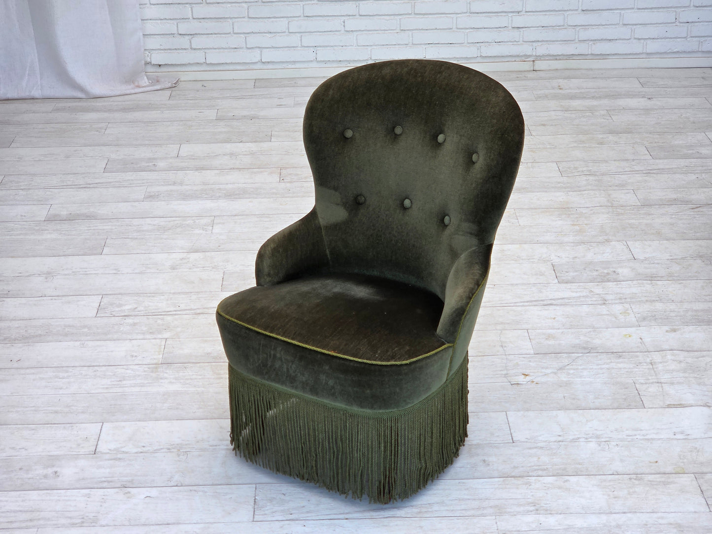 1970s, Danish side chair, green furniture velour, beech wood legs.