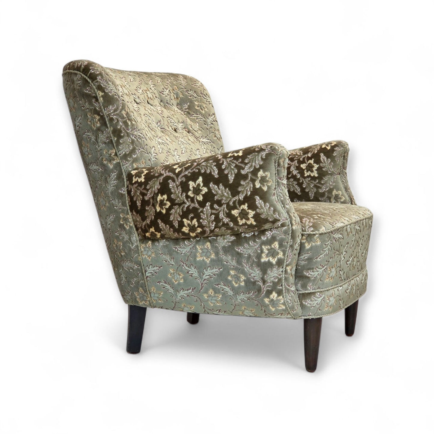 1960s, Danish armchair, light green furniture velour, teak wood legs.