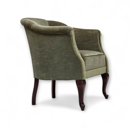 1960s, Danish armchair, green furniture velour, beech wood legs.