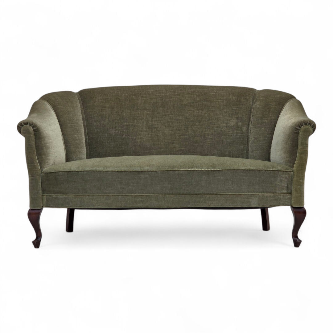 1960s, Danish 2-seater sofa, green furniture velour, beech wood.