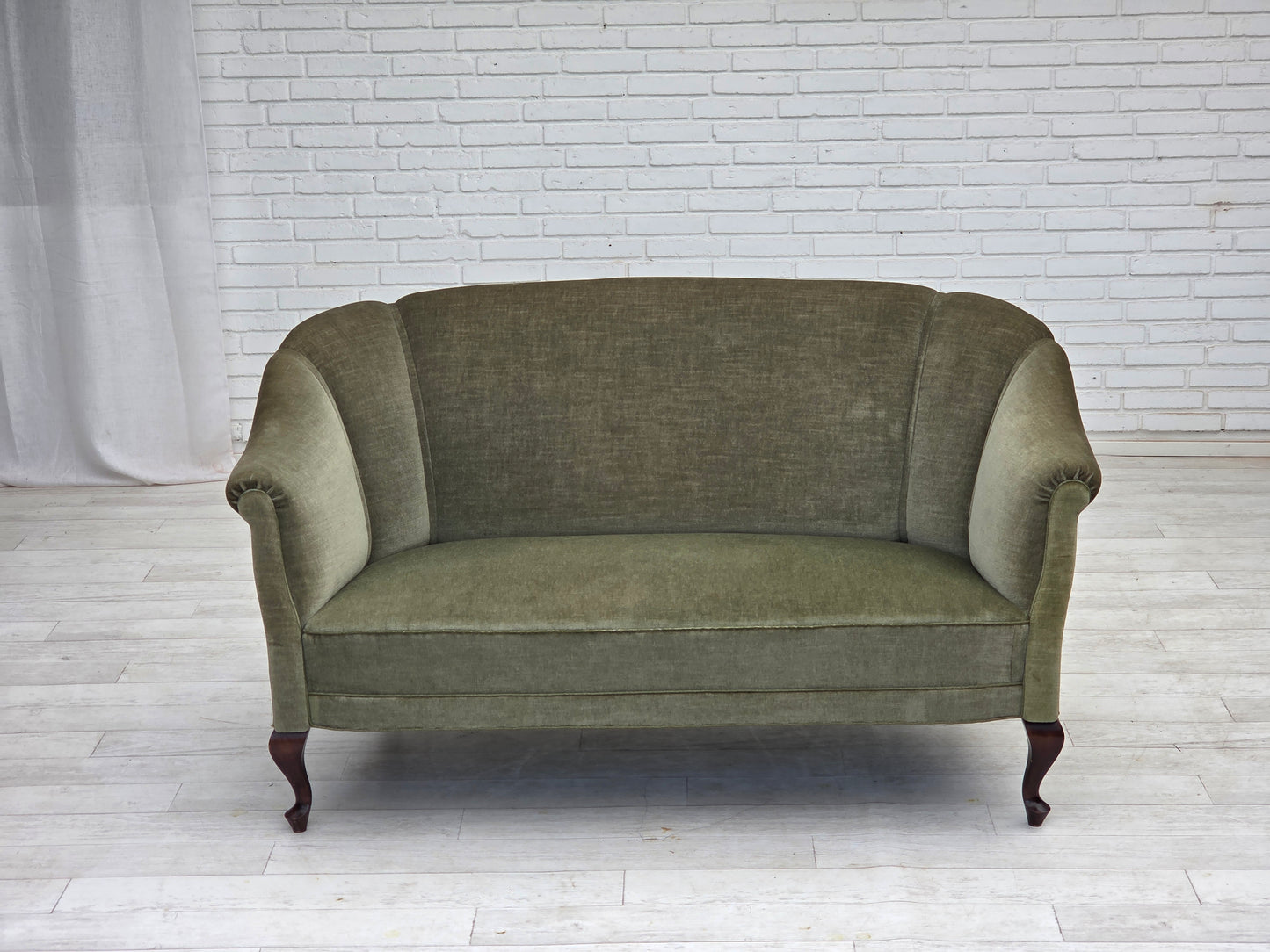 1960s, Danish 2-seater sofa, green furniture velour, beech wood.