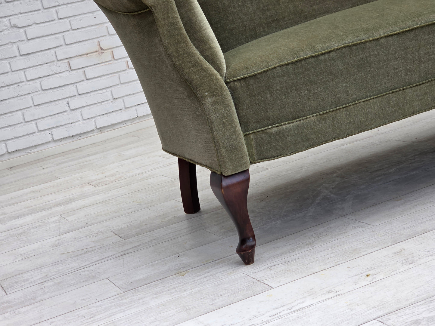 1960s, Danish 2-seater sofa, green furniture velour, beech wood.