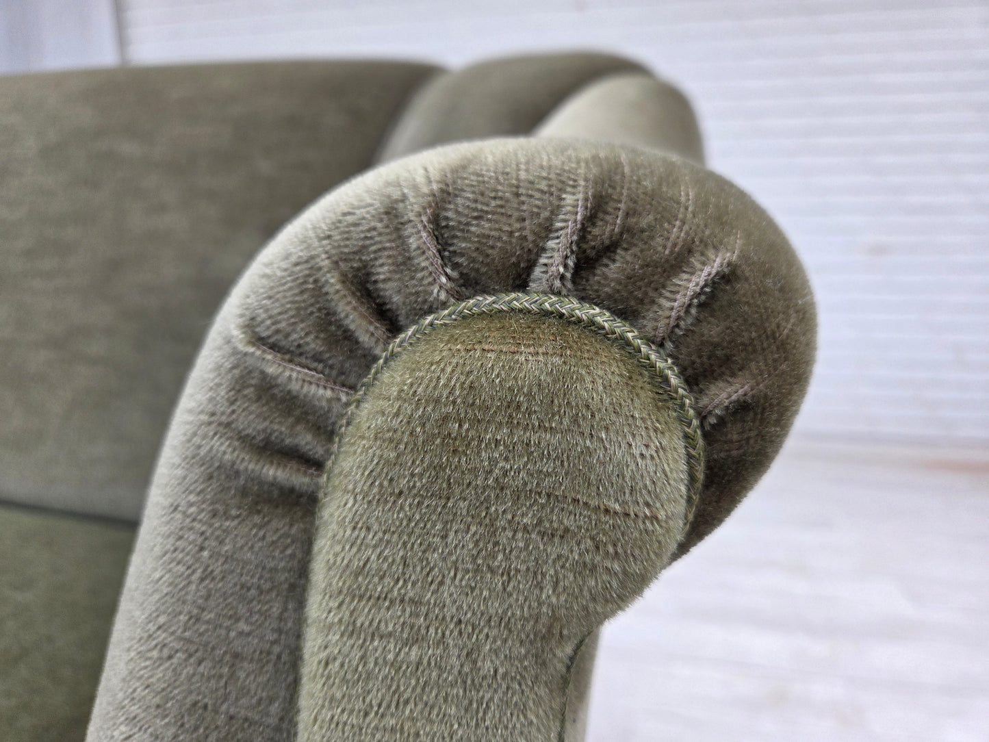 1960s, Danish 2-seater sofa, green furniture velour, beech wood.