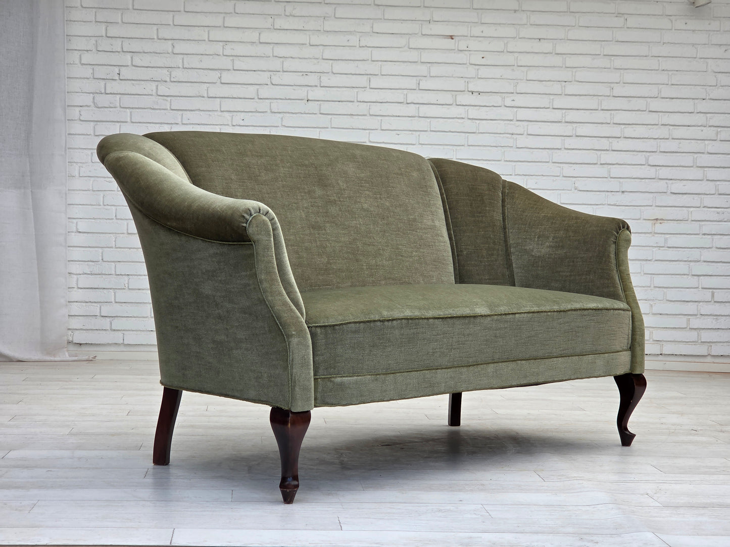 1960s, Danish 2-seater sofa, green furniture velour, beech wood.