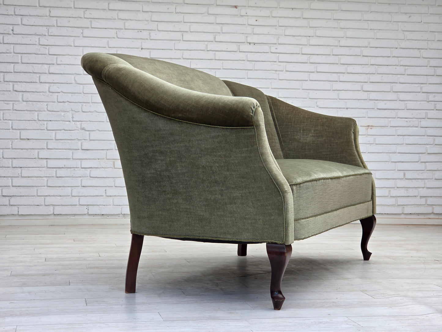 1960s, Danish 2-seater sofa, green furniture velour, beech wood.