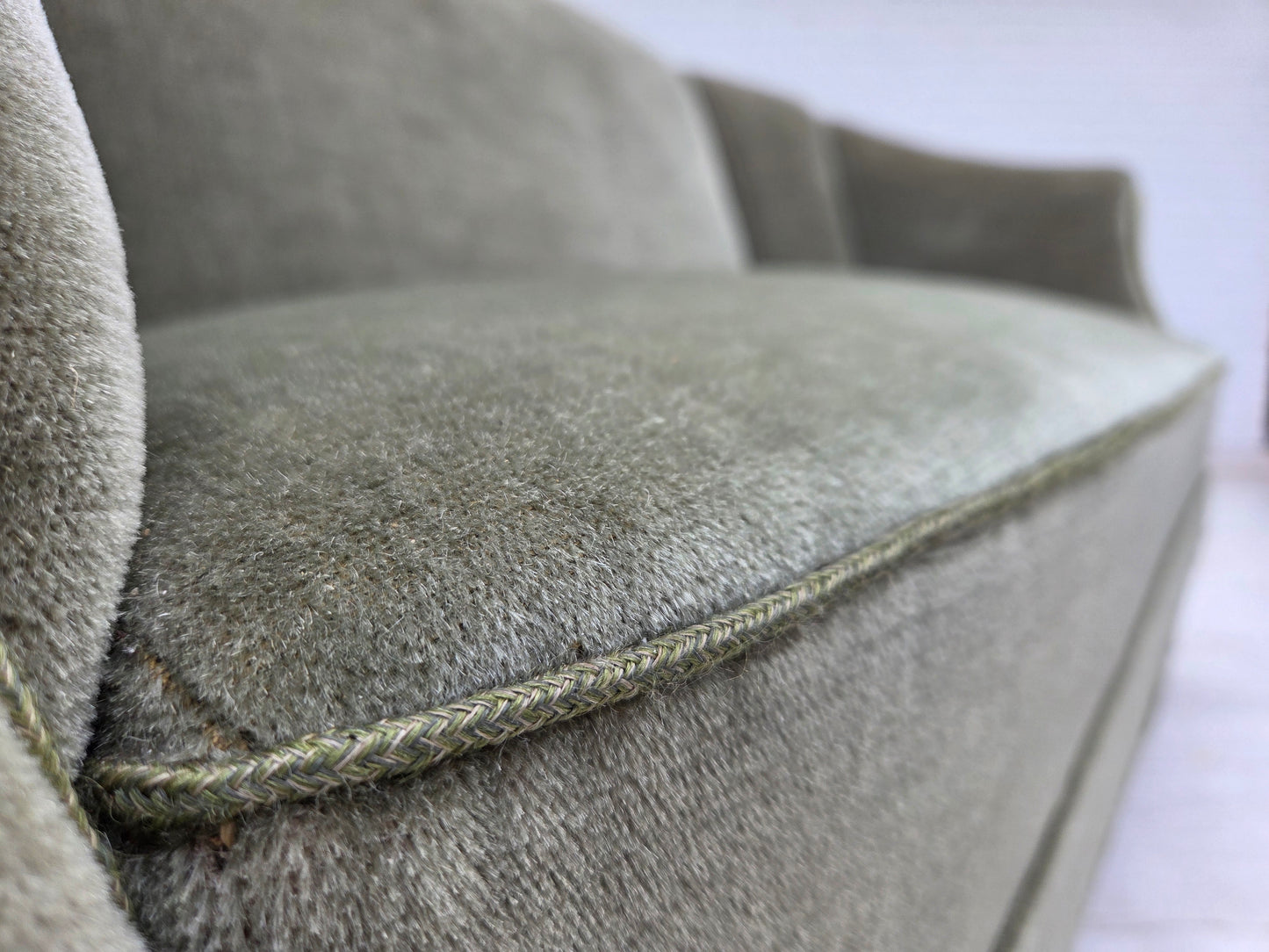 1960s, Danish 2-seater sofa, green furniture velour, beech wood.