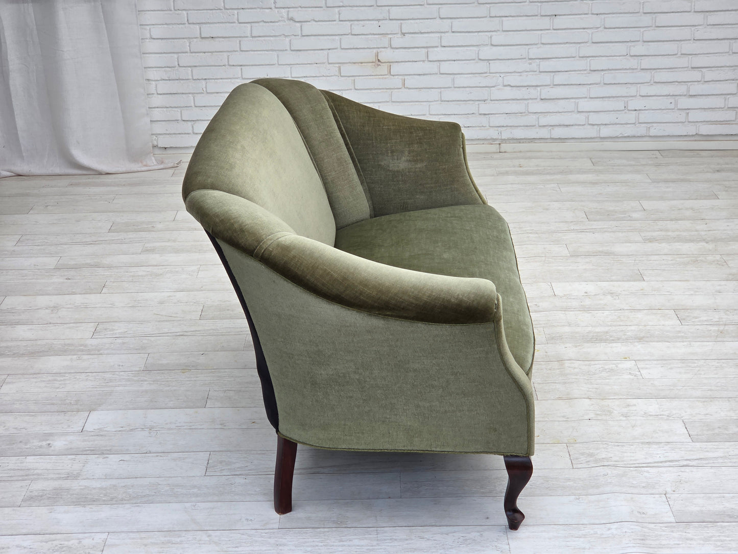1960s, Danish 2-seater sofa, green furniture velour, beech wood.