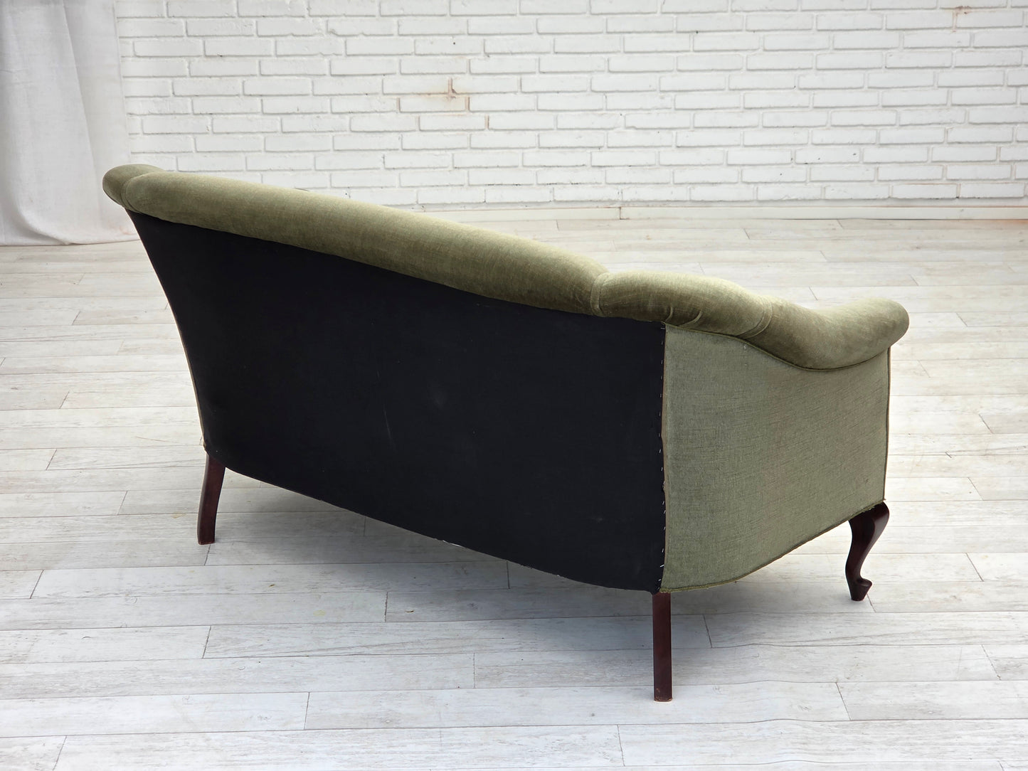 1960s, Danish 2-seater sofa, green furniture velour, beech wood.