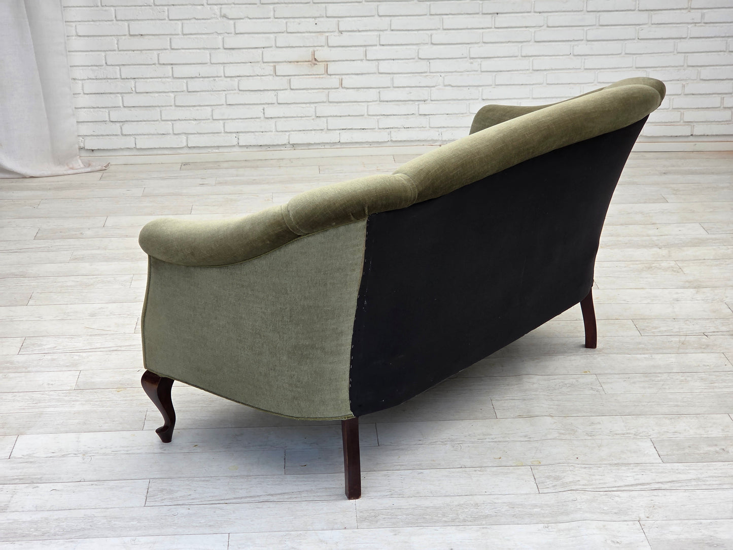 1960s, Danish 2-seater sofa, green furniture velour, beech wood.