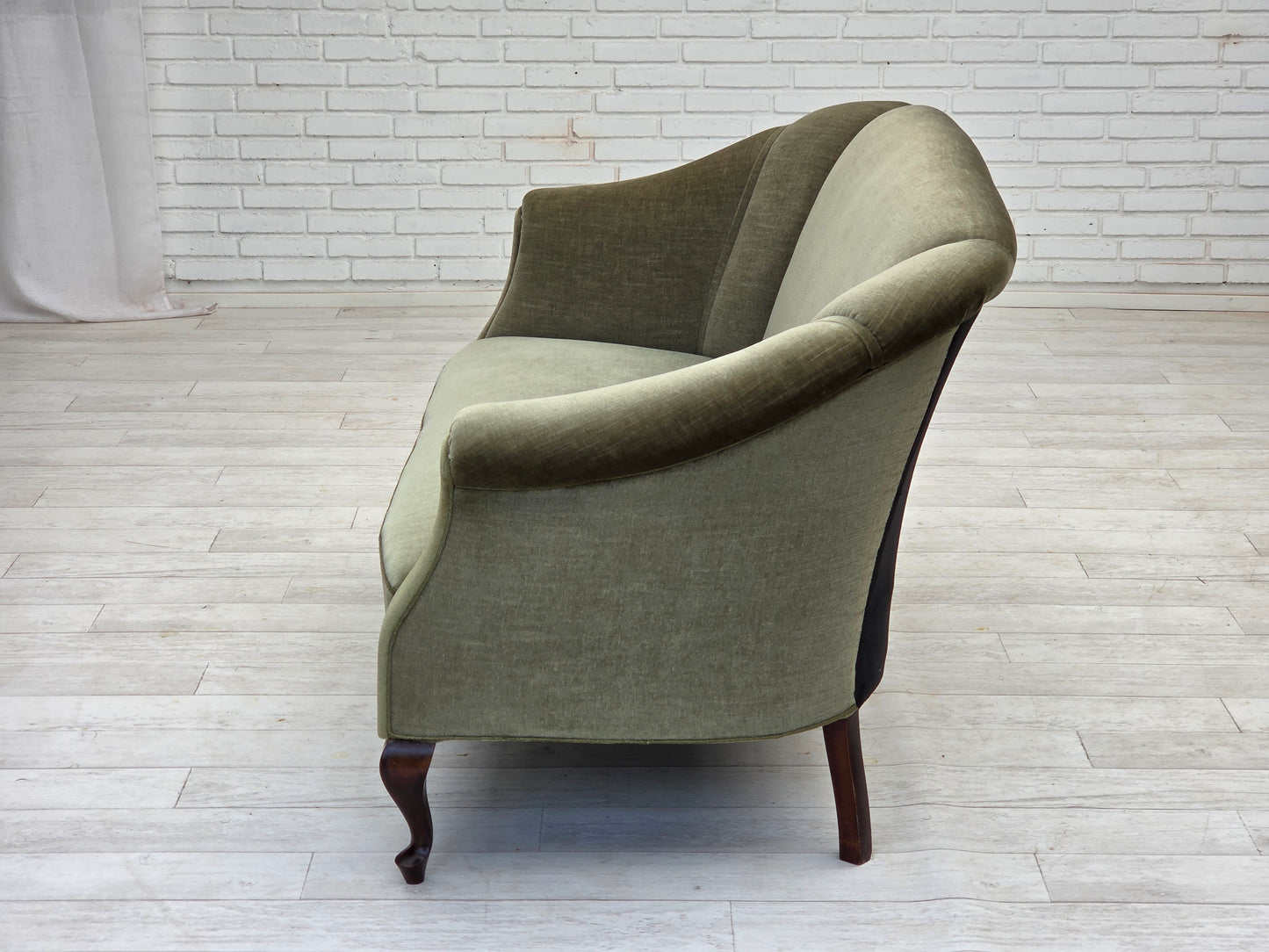 1960s, Danish 2-seater sofa, green furniture velour, beech wood.