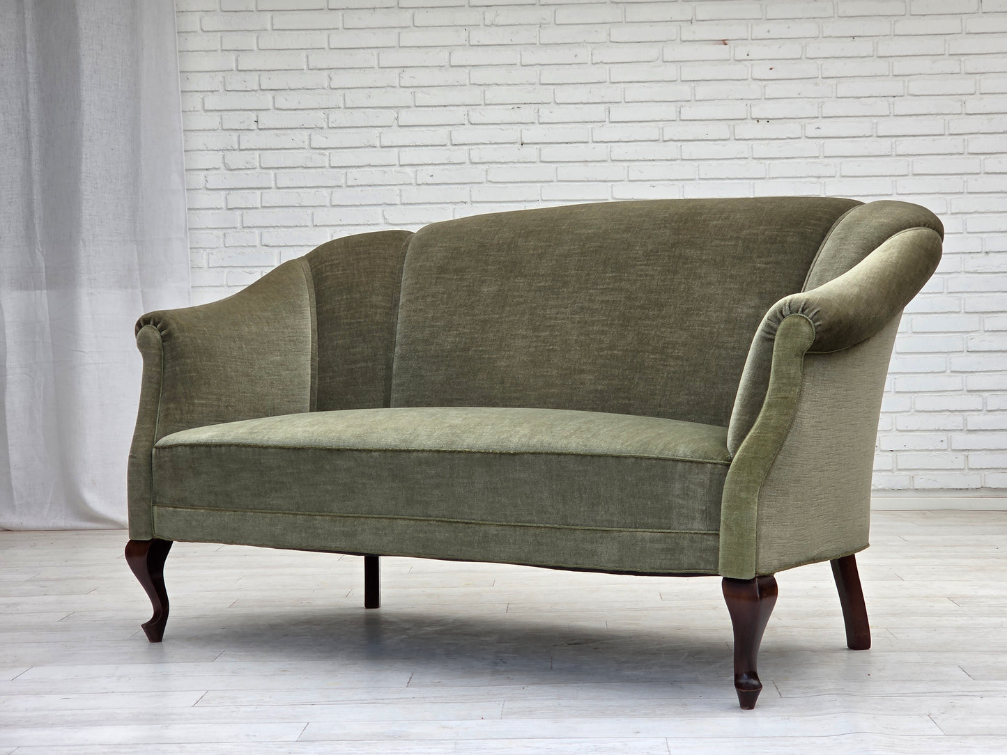 1960s, Danish 2-seater sofa, green furniture velour, beech wood.
