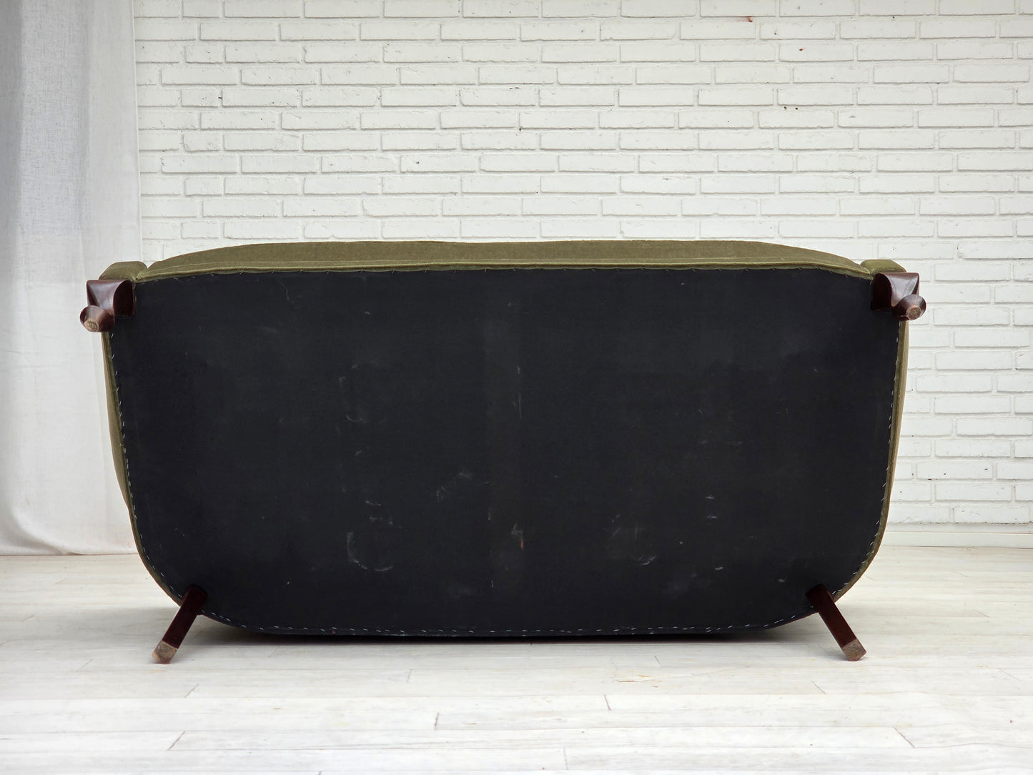 1960s, Danish 2-seater sofa, green furniture velour, beech wood.
