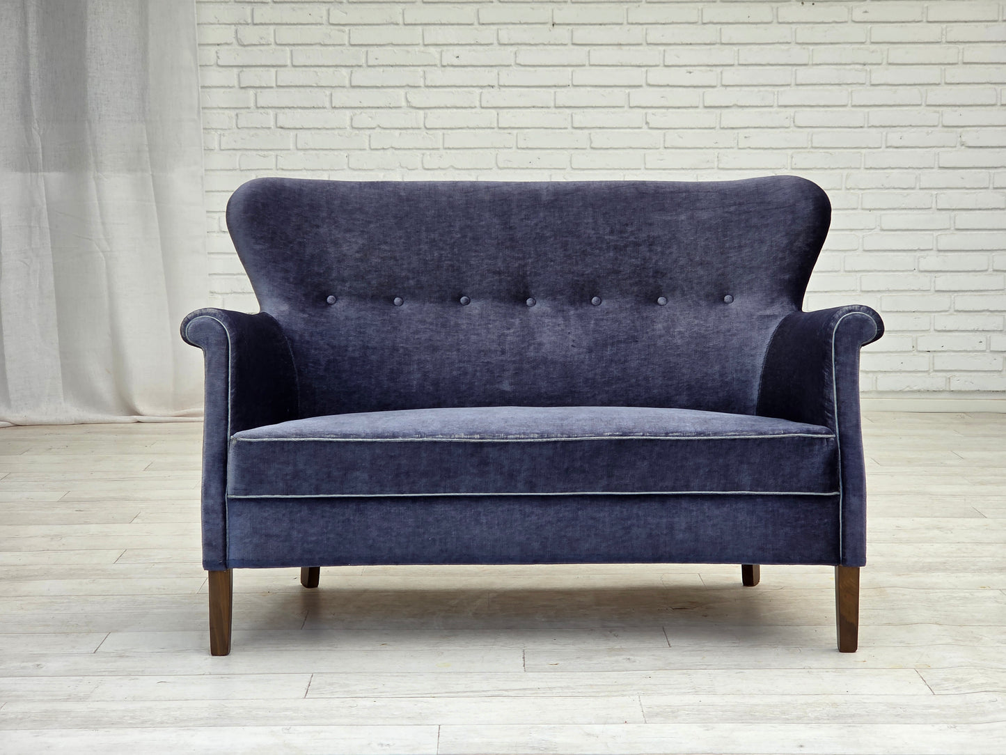 1960s, Danish 2-seater sofa, original blue furniture velour, beech wood legs.