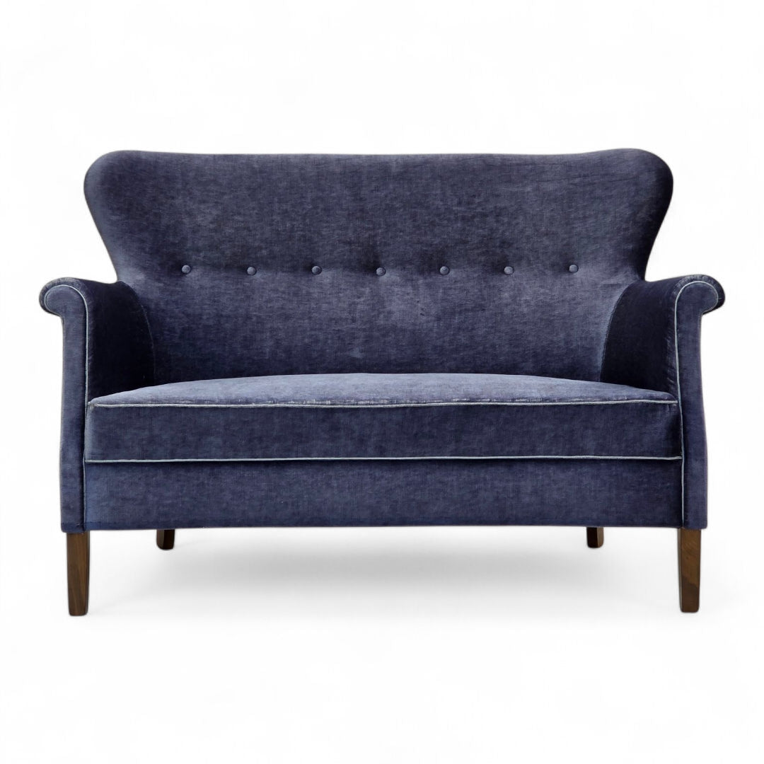 1960s, Danish 2-seater sofa, original blue furniture velour, beech wood legs.