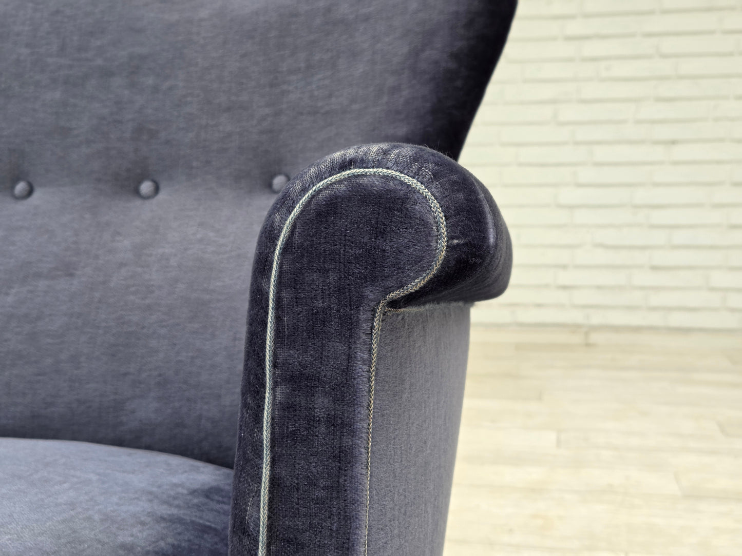 1960s, Danish 2-seater sofa, original blue furniture velour, beech wood legs.