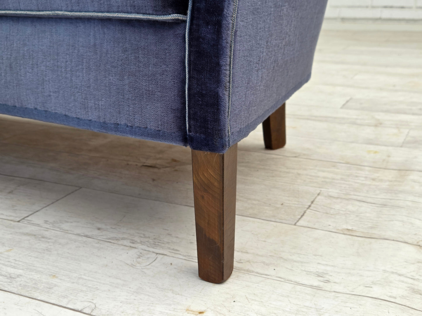 1960s, Danish 2-seater sofa, original blue furniture velour, beech wood legs.