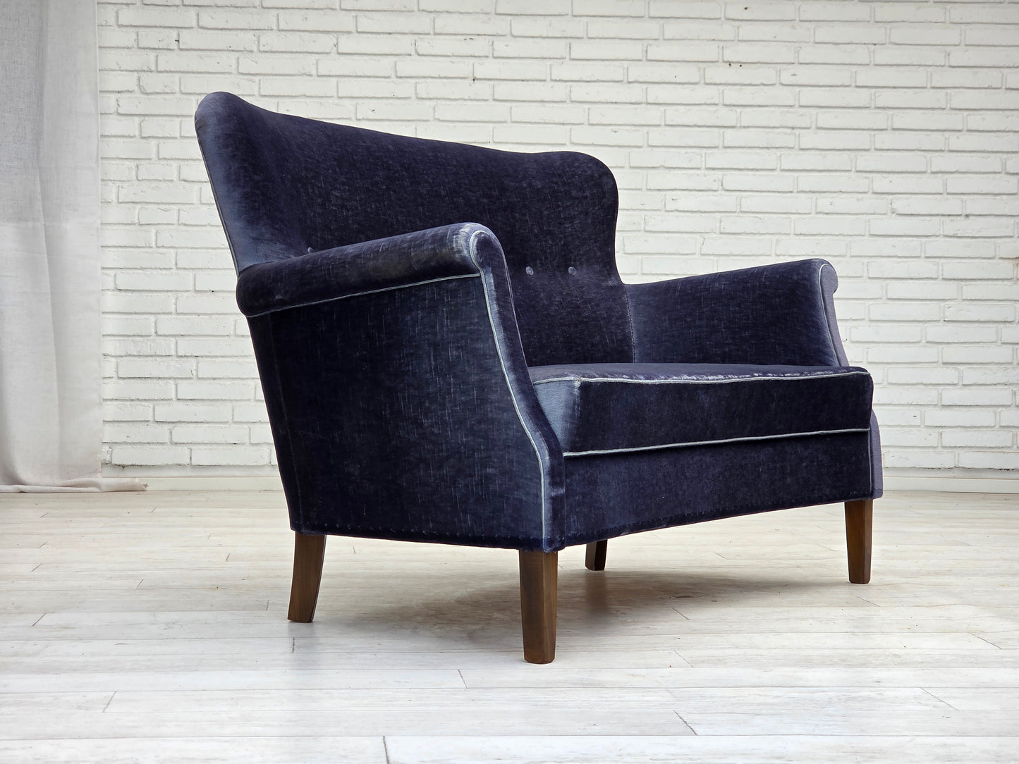 1960s, Danish 2-seater sofa, original blue furniture velour, beech wood legs.