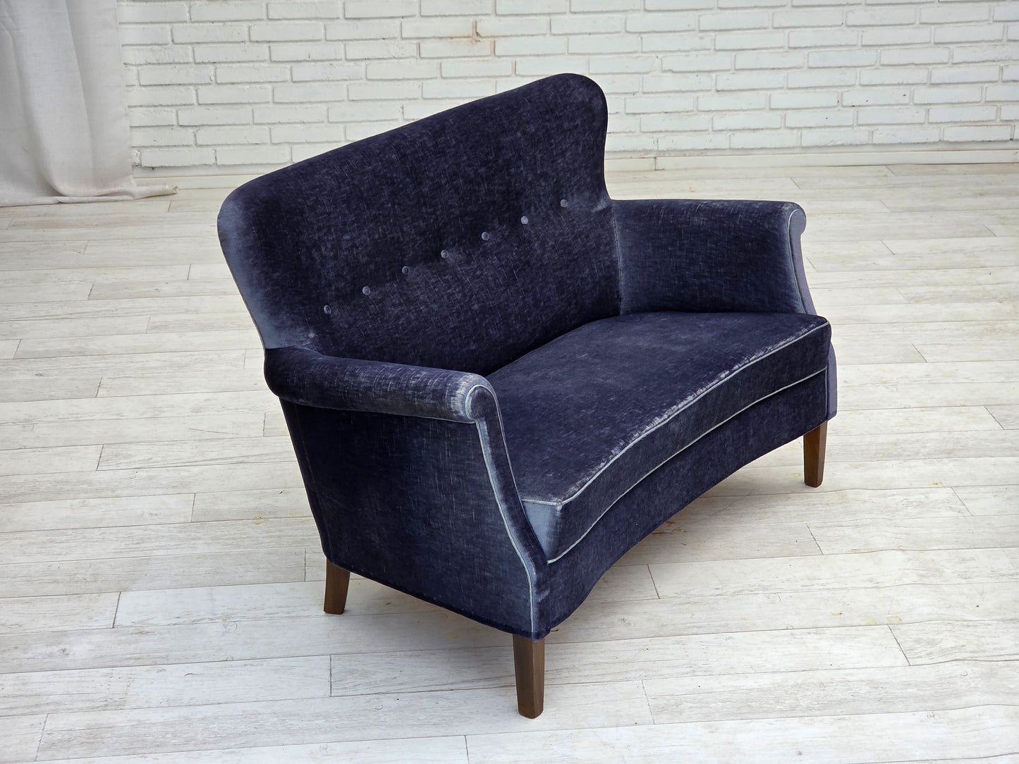 1960s, Danish 2-seater sofa, original blue furniture velour, beech wood legs.