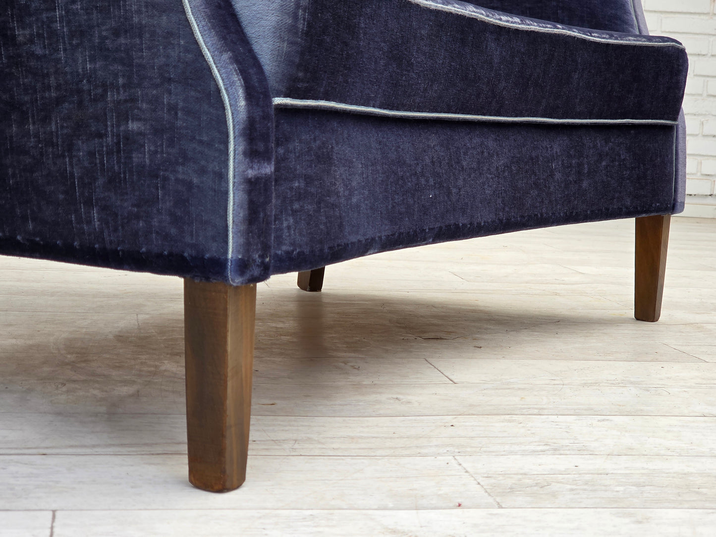 1960s, Danish 2-seater sofa, original blue furniture velour, beech wood legs.