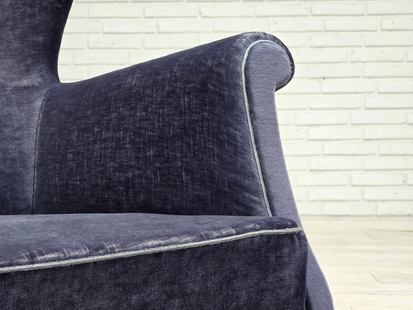 1960s, Danish 2-seater sofa, original blue furniture velour, beech wood legs.