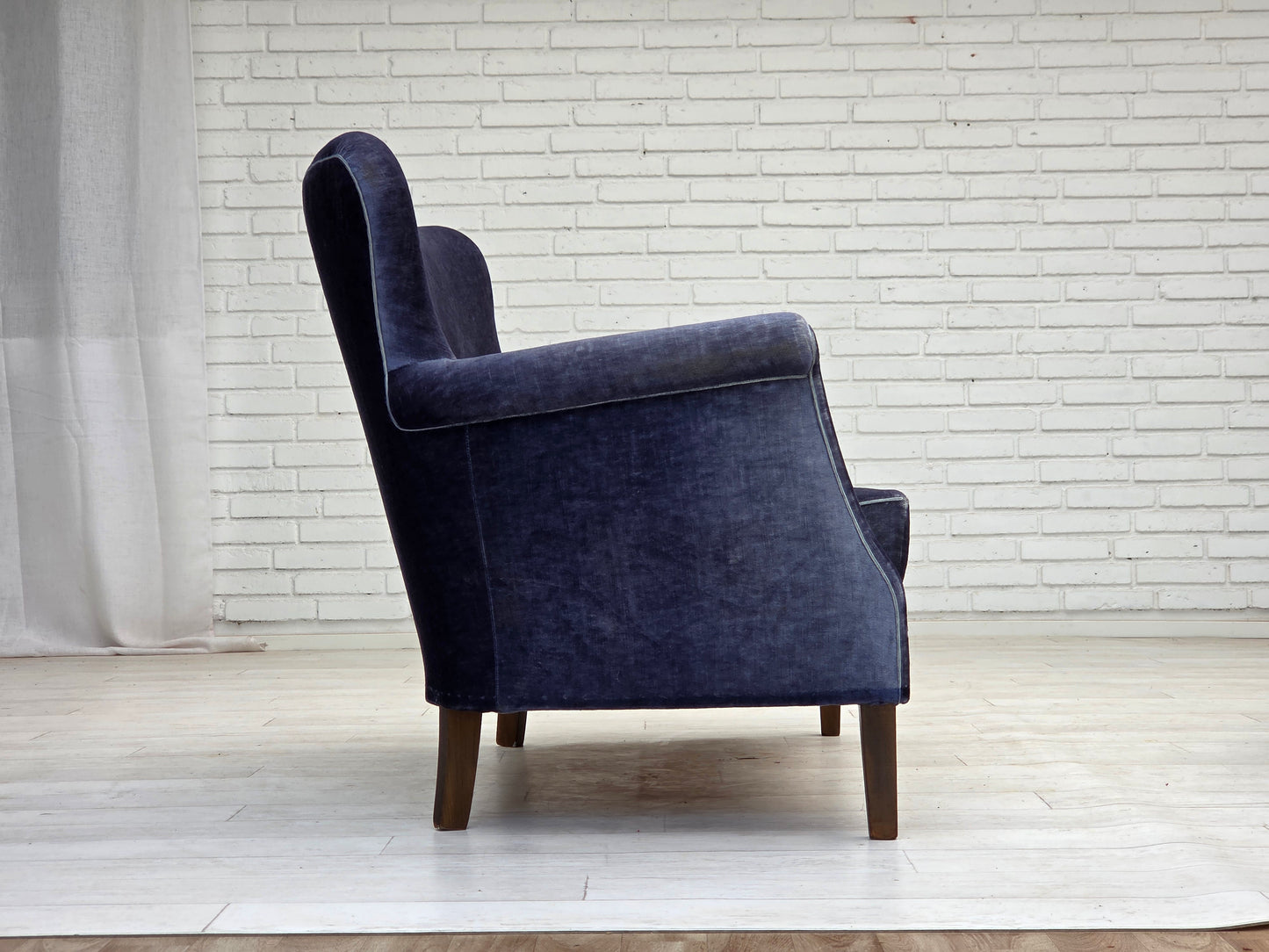 1960s, Danish 2-seater sofa, original blue furniture velour, beech wood legs.