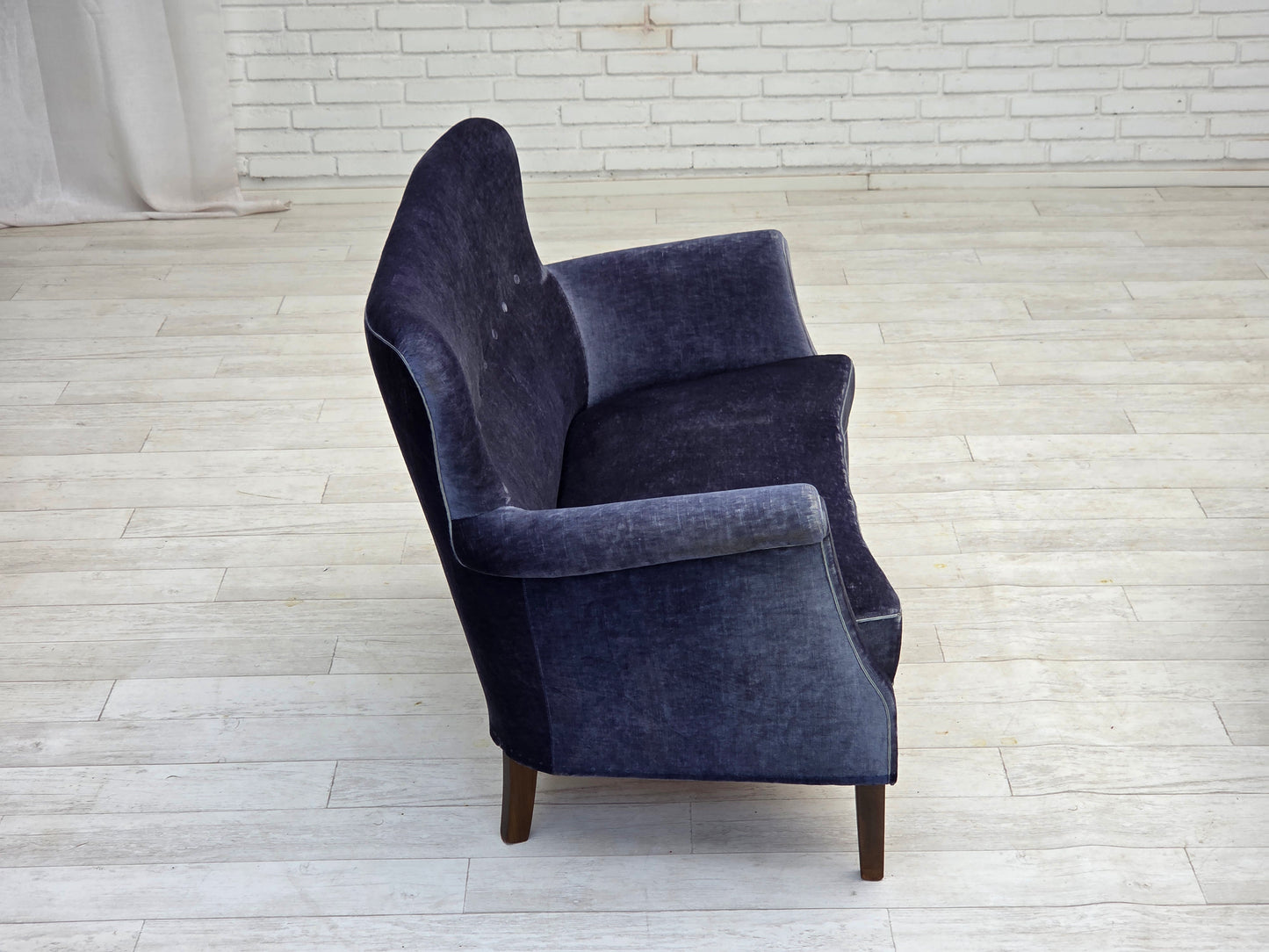 1960s, Danish 2-seater sofa, original blue furniture velour, beech wood legs.