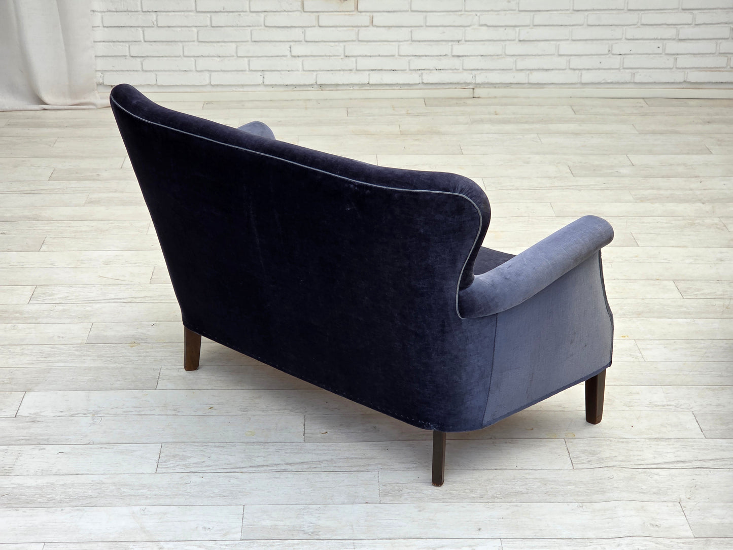 1960s, Danish 2-seater sofa, original blue furniture velour, beech wood legs.