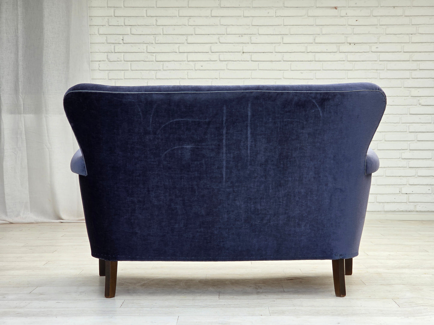 1960s, Danish 2-seater sofa, original blue furniture velour, beech wood legs.