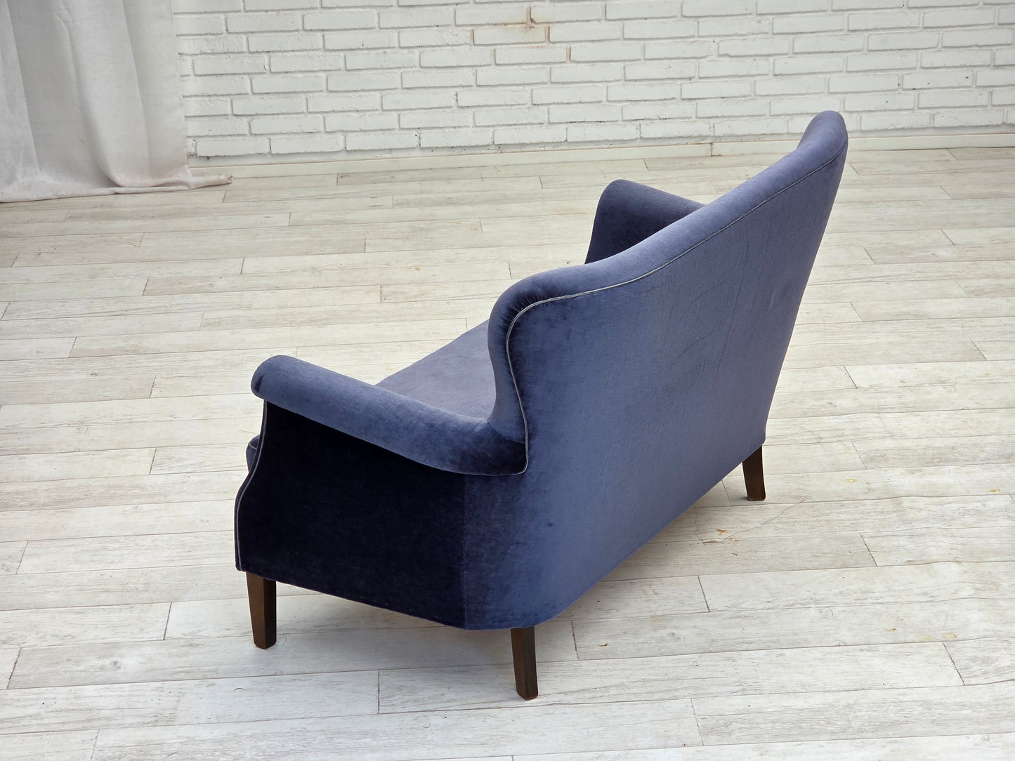 1960s, Danish 2-seater sofa, original blue furniture velour, beech wood legs.