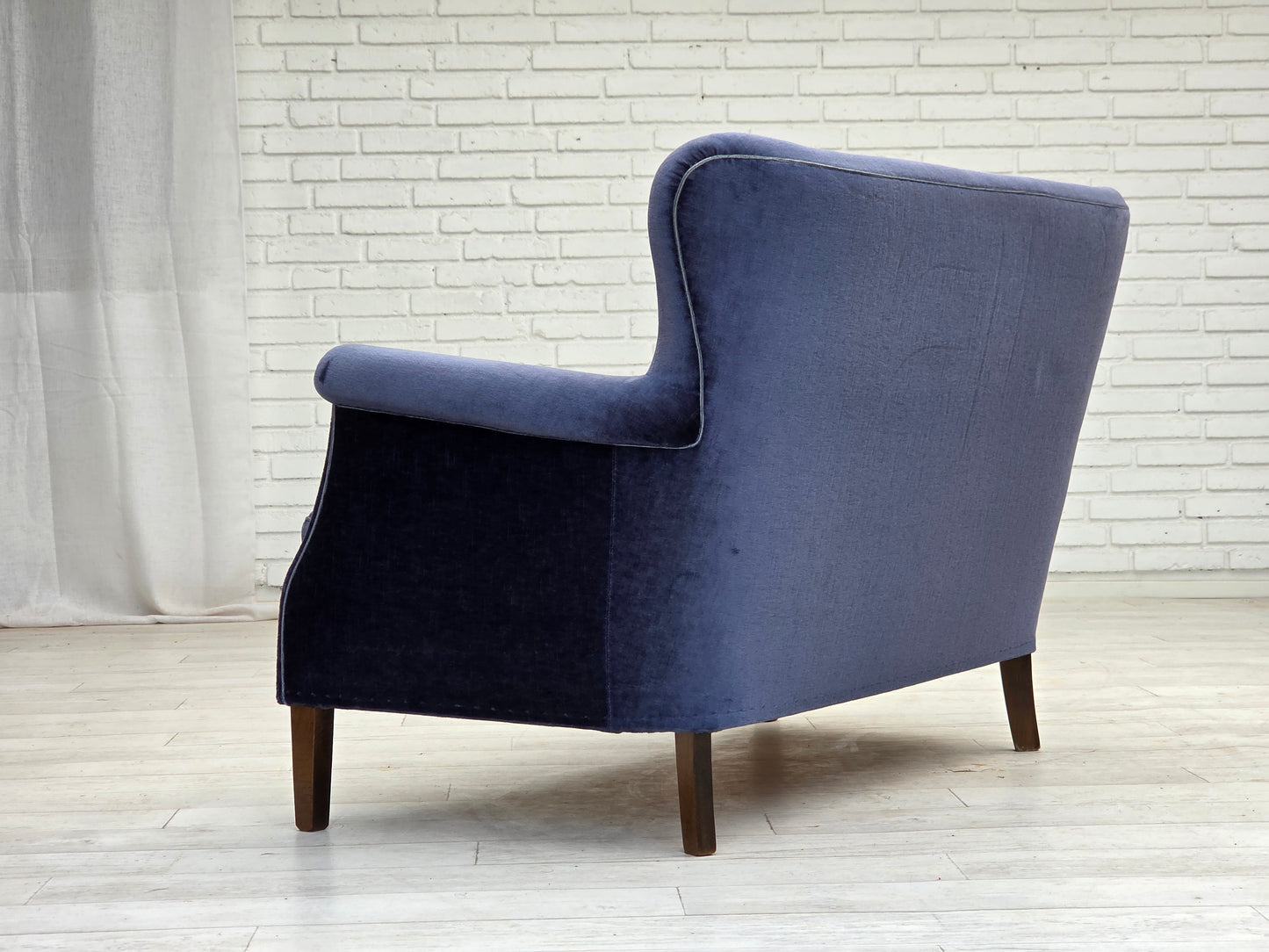 1960s, Danish 2-seater sofa, original blue furniture velour, beech wood legs.