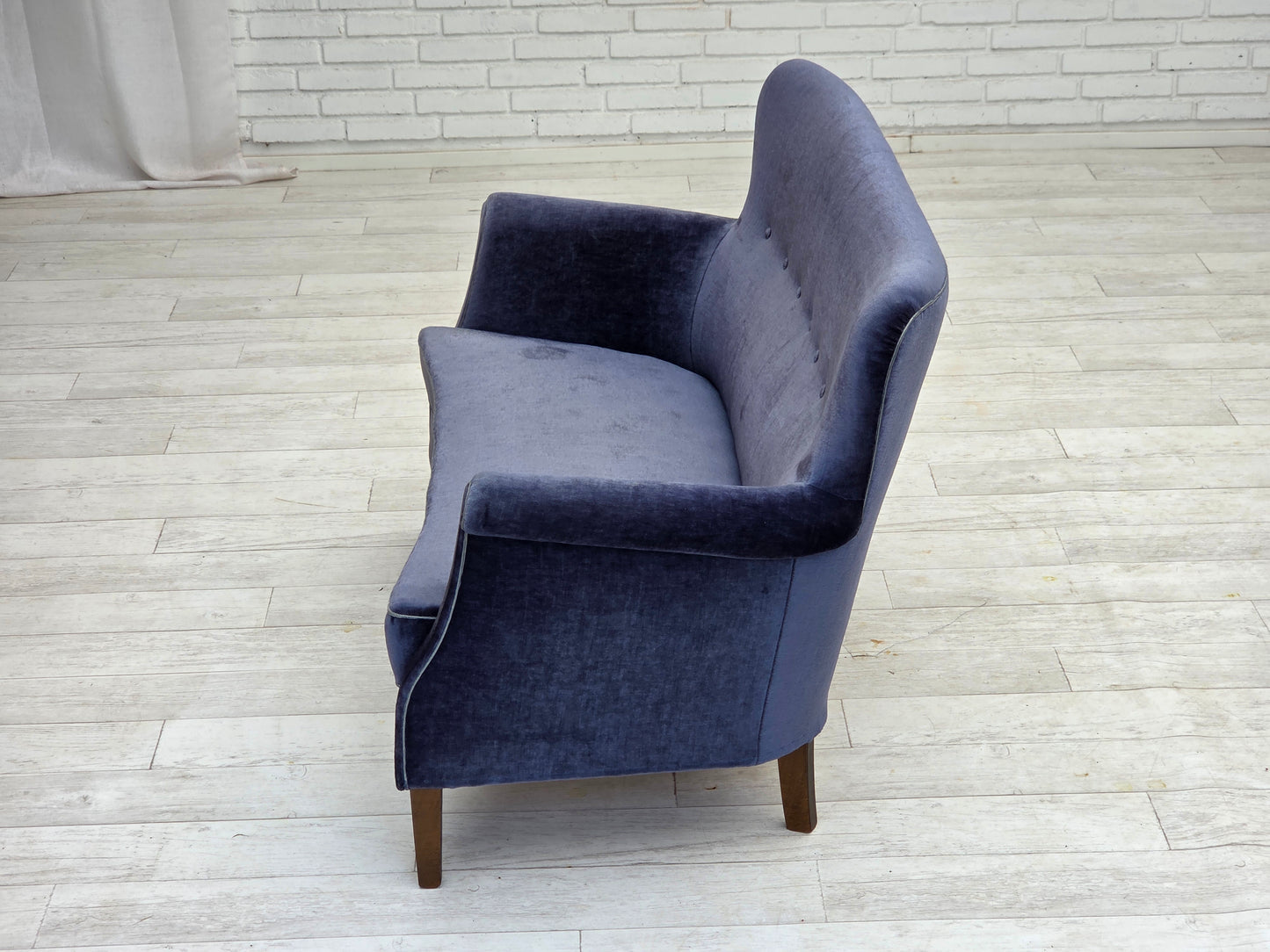 1960s, Danish 2-seater sofa, original blue furniture velour, beech wood legs.