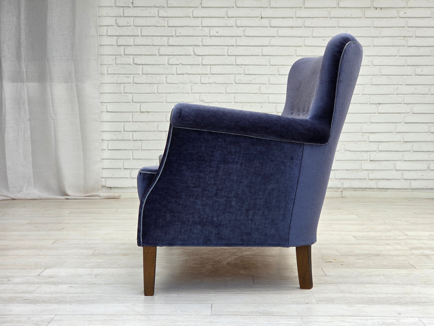 1960s, Danish 2-seater sofa, original blue furniture velour, beech wood legs.