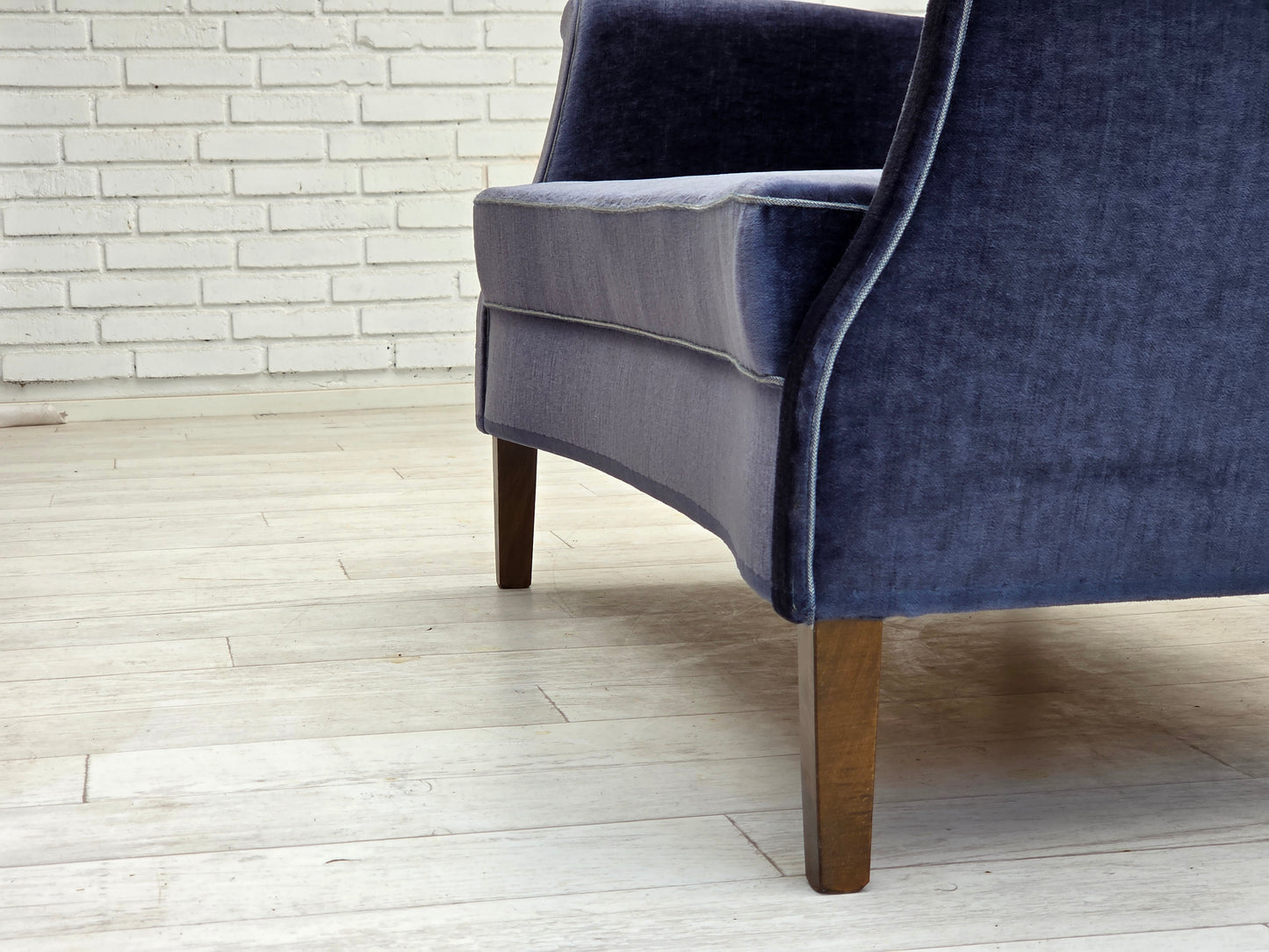 1960s, Danish 2-seater sofa, original blue furniture velour, beech wood legs.