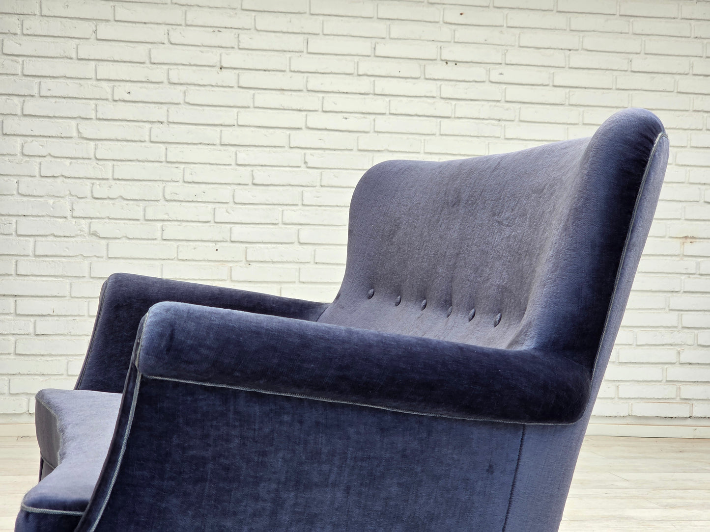 1960s, Danish 2-seater sofa, original blue furniture velour, beech wood legs.