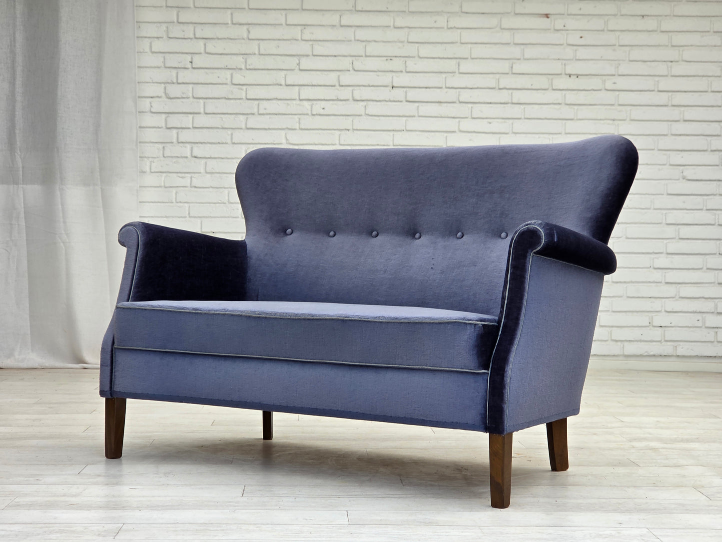 1960s, Danish 2-seater sofa, original blue furniture velour, beech wood legs.